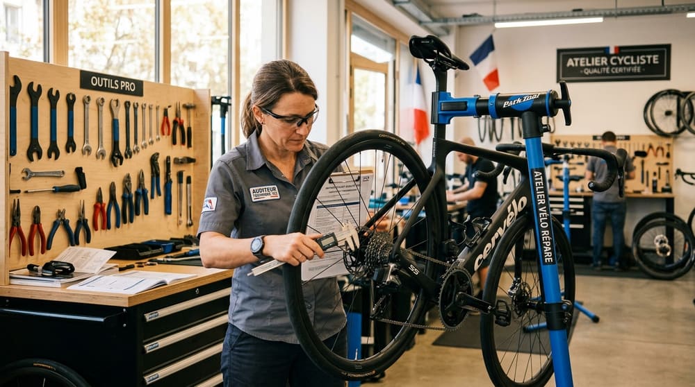 Auditeur CycLabel contrôlant un vélo en atelier