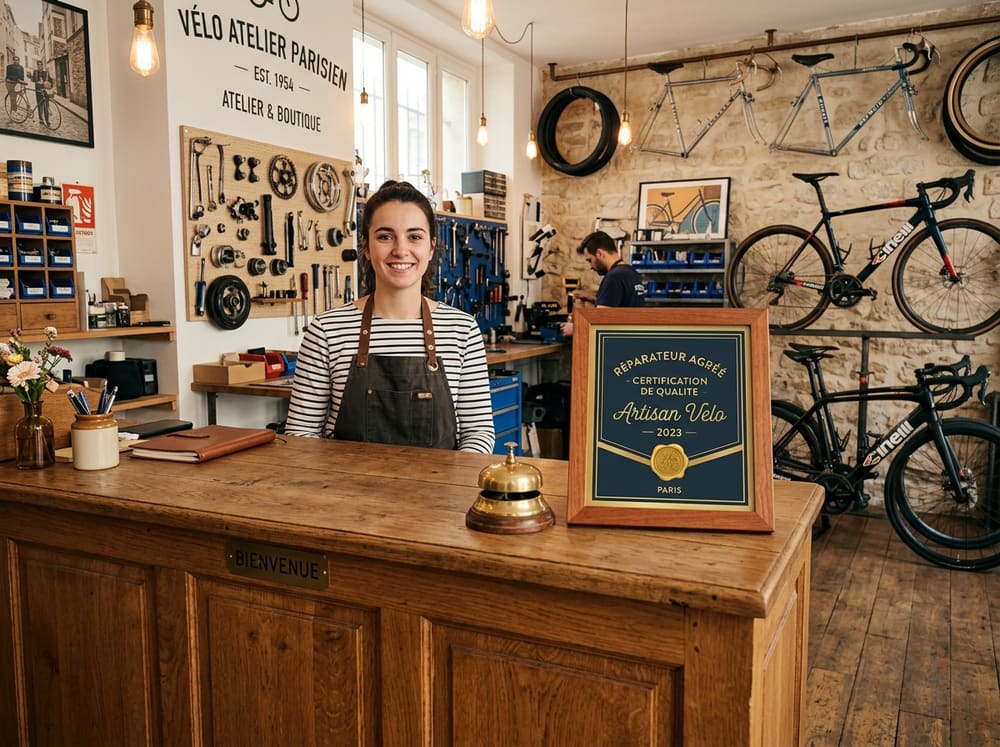 Certificat de qualité affiché sur le comptoir d'un atelier vélo