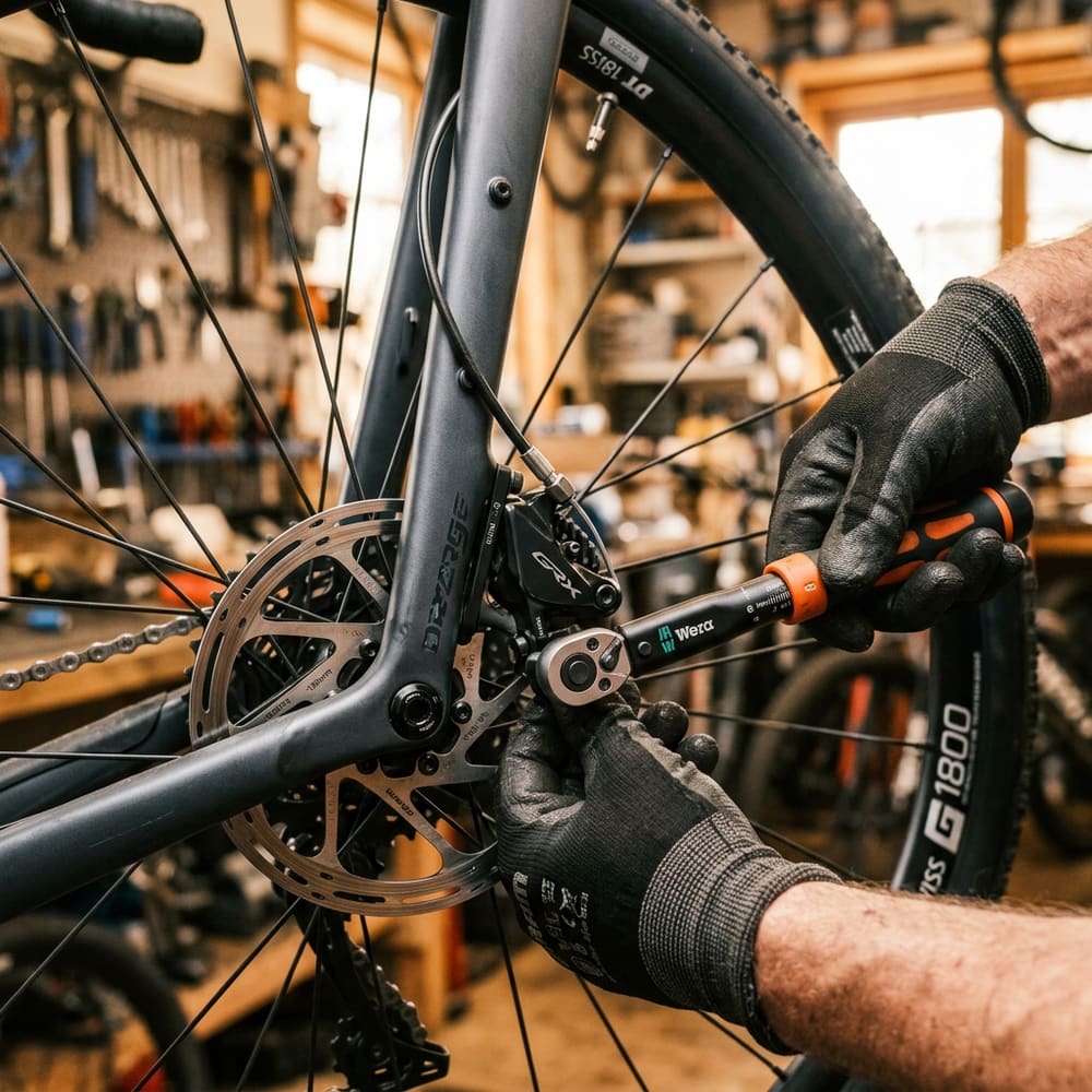 Contrôle du système de freinage sur un vélo en atelier